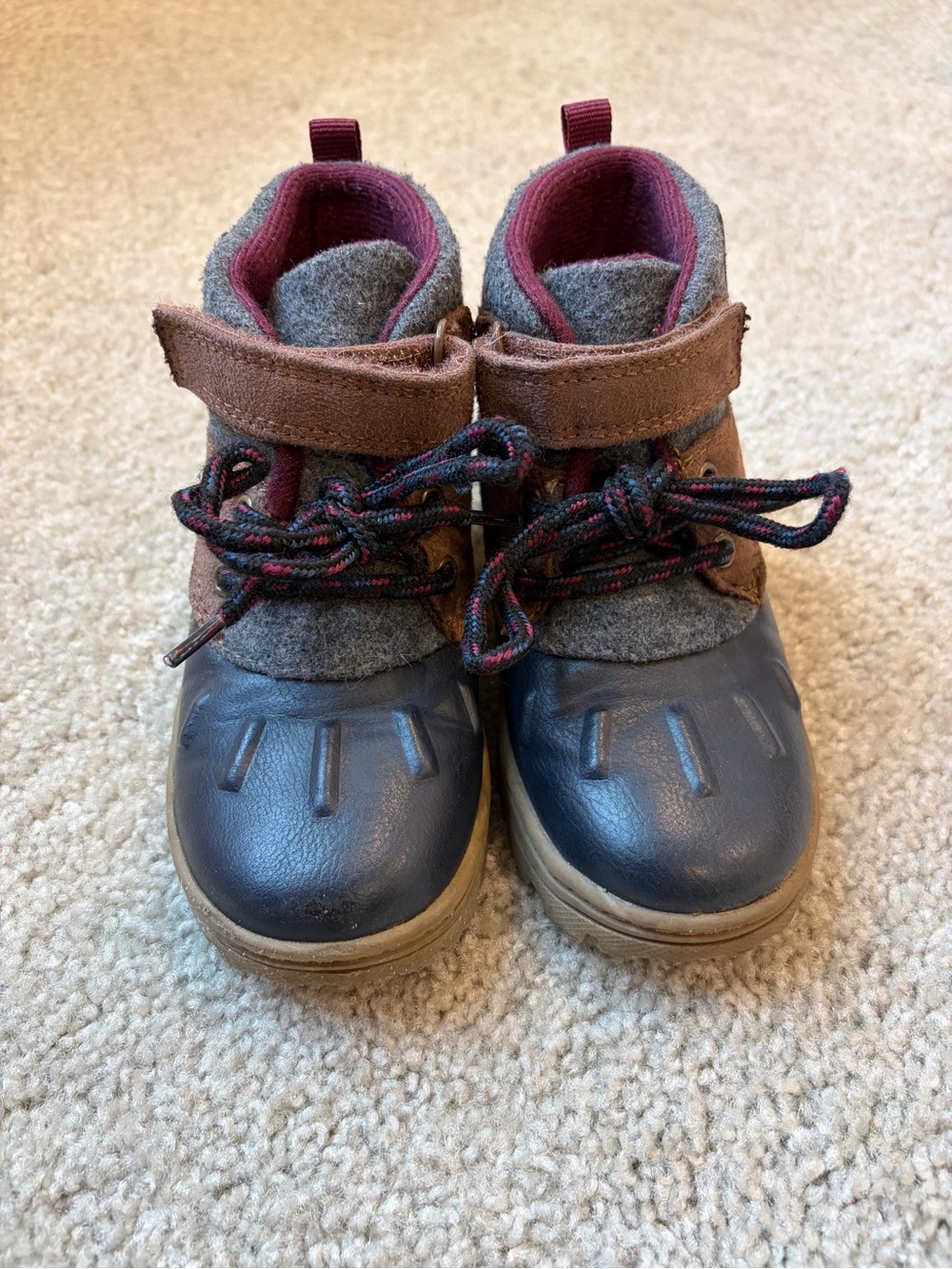 Carter's Navy Blue and Brown Toddler Winter Duck Boots with Gray Felt Cuff